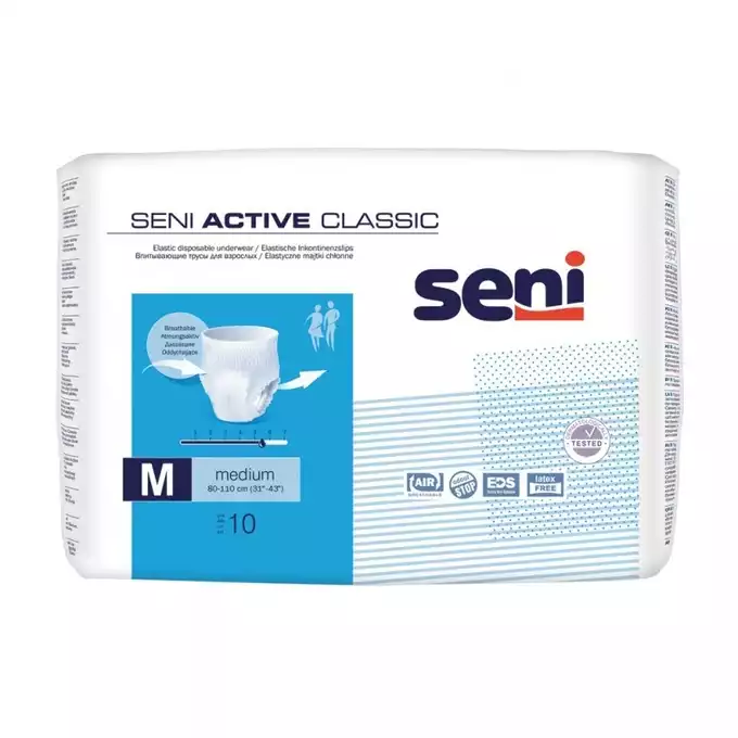 SENI ACTIVE CLASSIC, majtki chłonne zakładane jak bielizna, rozmiar M, obwód 80-110 cm, 10 sztuk