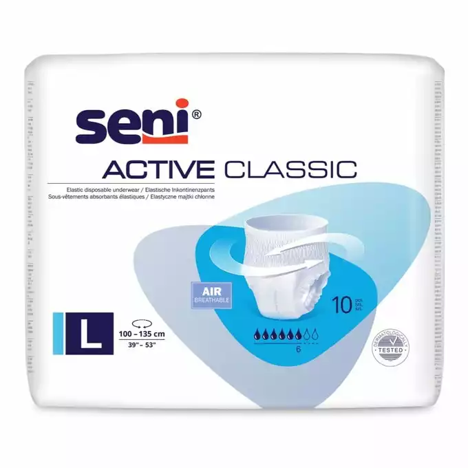 SENI ACTIVE CLASSIC, majtki chłonne zakładane jak bielizna, rozmiar L, obwód 100-135 cm, 10 szt.