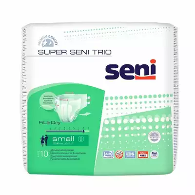SUPER SENI TRIO pieluchomajtki dla dorosłych na rzepy, rozmiar S, obwód 55-80 cm, 10 sztuk