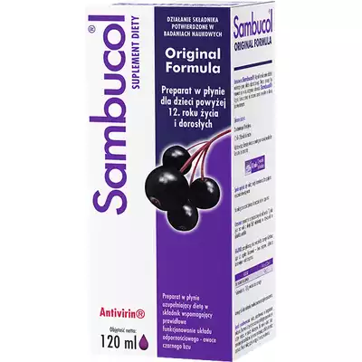 SAMBUCOL IMMUNO FORTE, ekstrakt z owoców czarnego bzu na odporność, syrop, 120 ml (1)