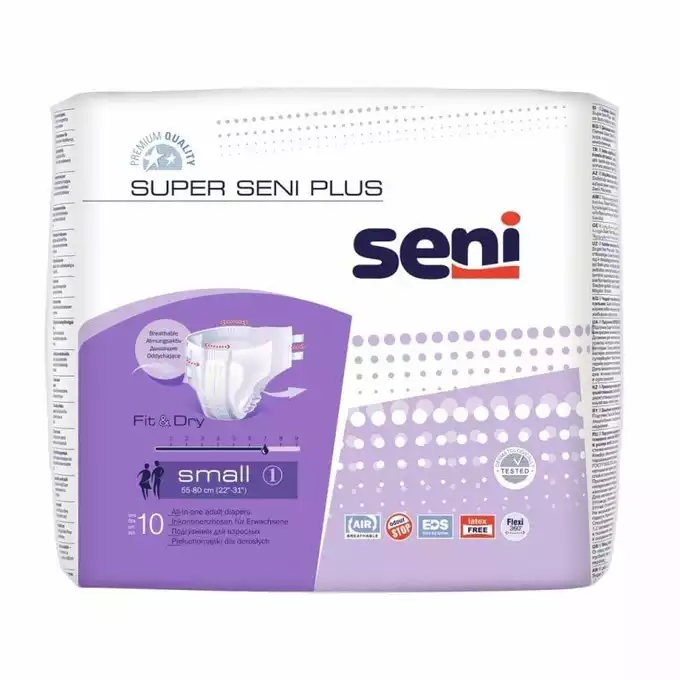 SUPER SENI PLUS pieluchomajtki dla dorosłych na rzepy, rozmiar M, obwód 75-110 cm, 10 sztuk (1)