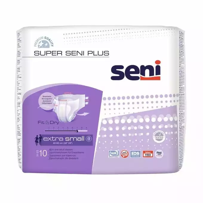 SUPER SENI pieluchomajtki dla dorosłych na rzepy, rozmiar XL, obwód 130-170 cm, 10 sztuk (1)
