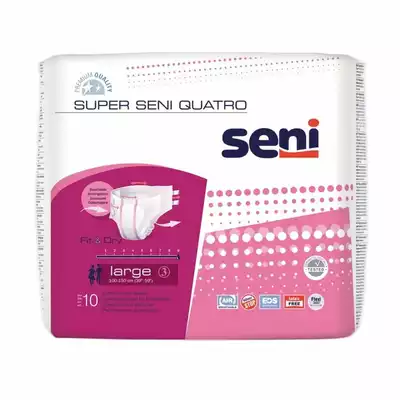 SUPER SENI QUATRO pieluchomajtki dla dorosłych na rzepy, rozmiar L,  obwód 100-150 cm, 10 sztuk