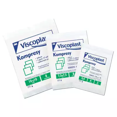 VISCOPLAST, JAŁOWE KOMPRESY z gazy 17-nitkowej, 8-warstwowe, 10x10 cm, 3 szt. (1)