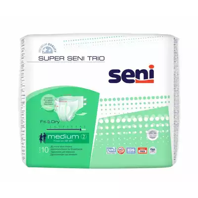 SUPER SENI TRIO, pieluchomajtki dla dorosłych na rzepy, rozmiar M, obwód 75-110 cm, 10 szt.