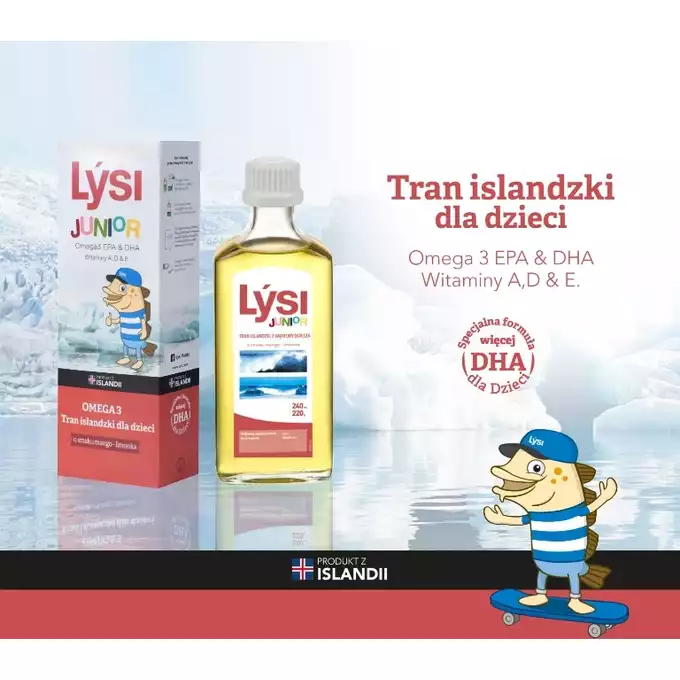 LYSI tran islandzki dla dzieci o smaku mango- limonka, olej, 240 ml