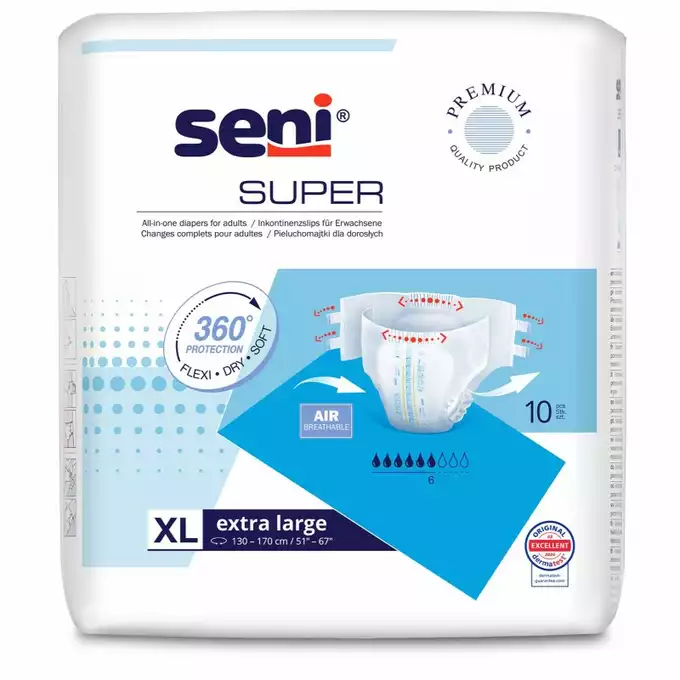 SENI SUPER, pieluchomajtki, rozmiar XL, obwód 130-170 cm, 10 szt.